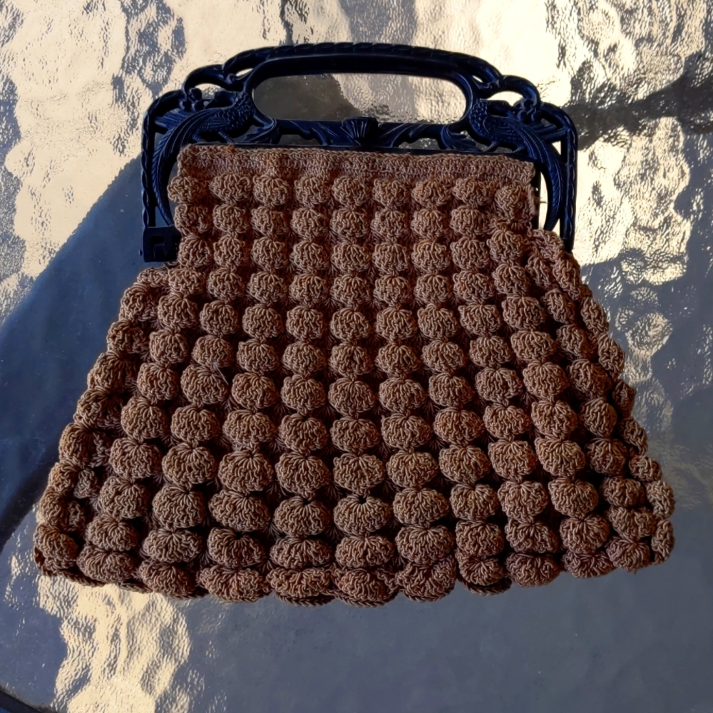 Vintage crochet hand bag purse, corde, tatted, plastic handles